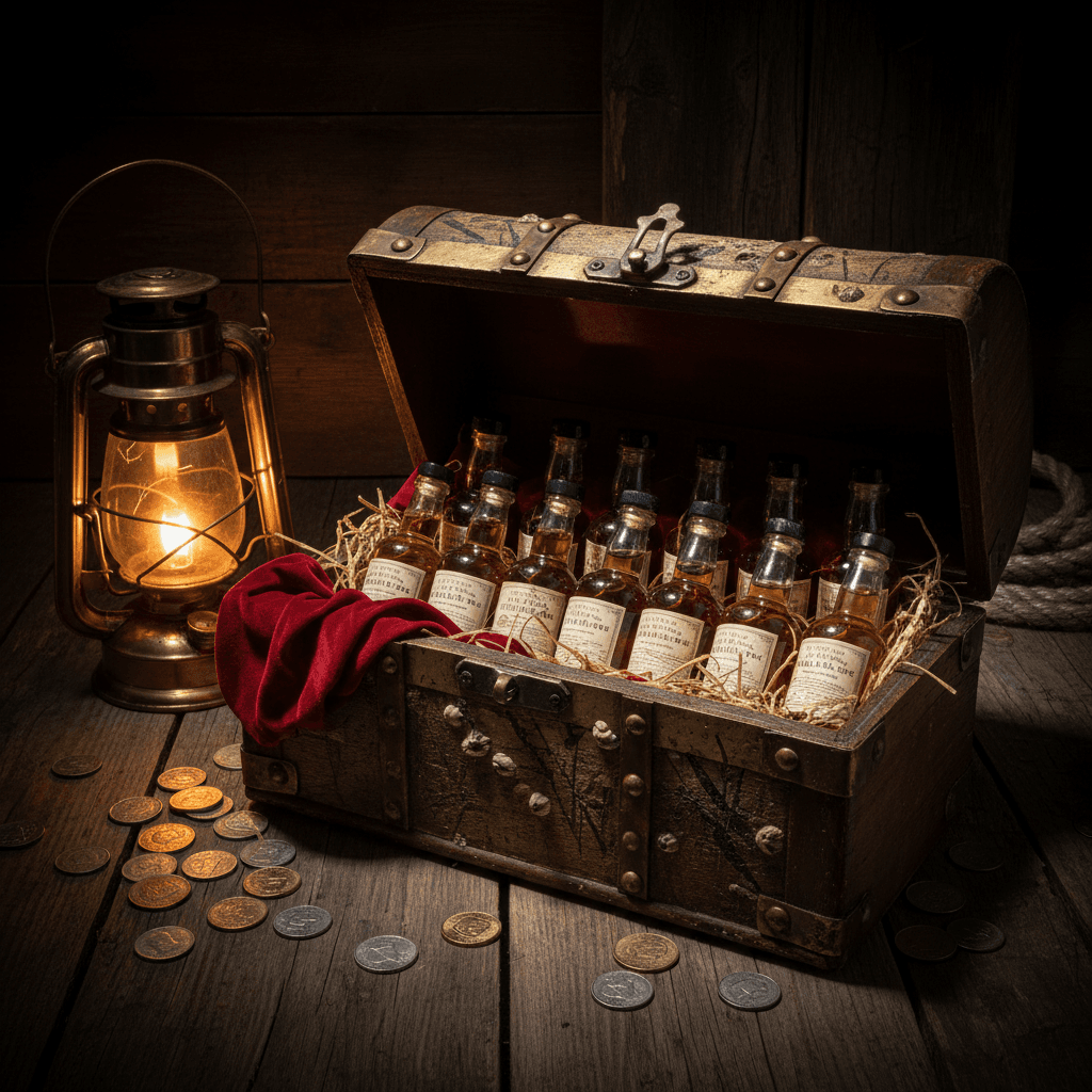 A row of premium whiskey bottles glowing in warm golden light