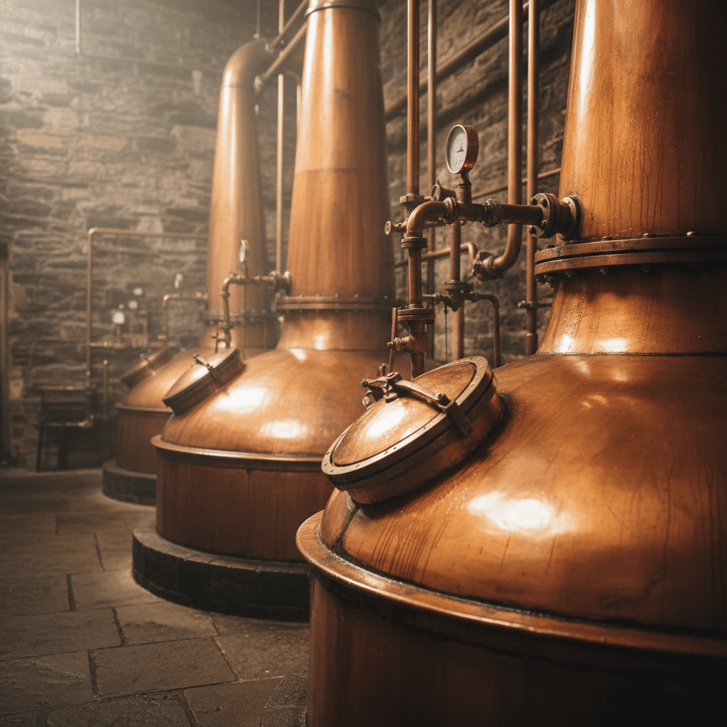 Copper pot stills in a working distillery, steam rising