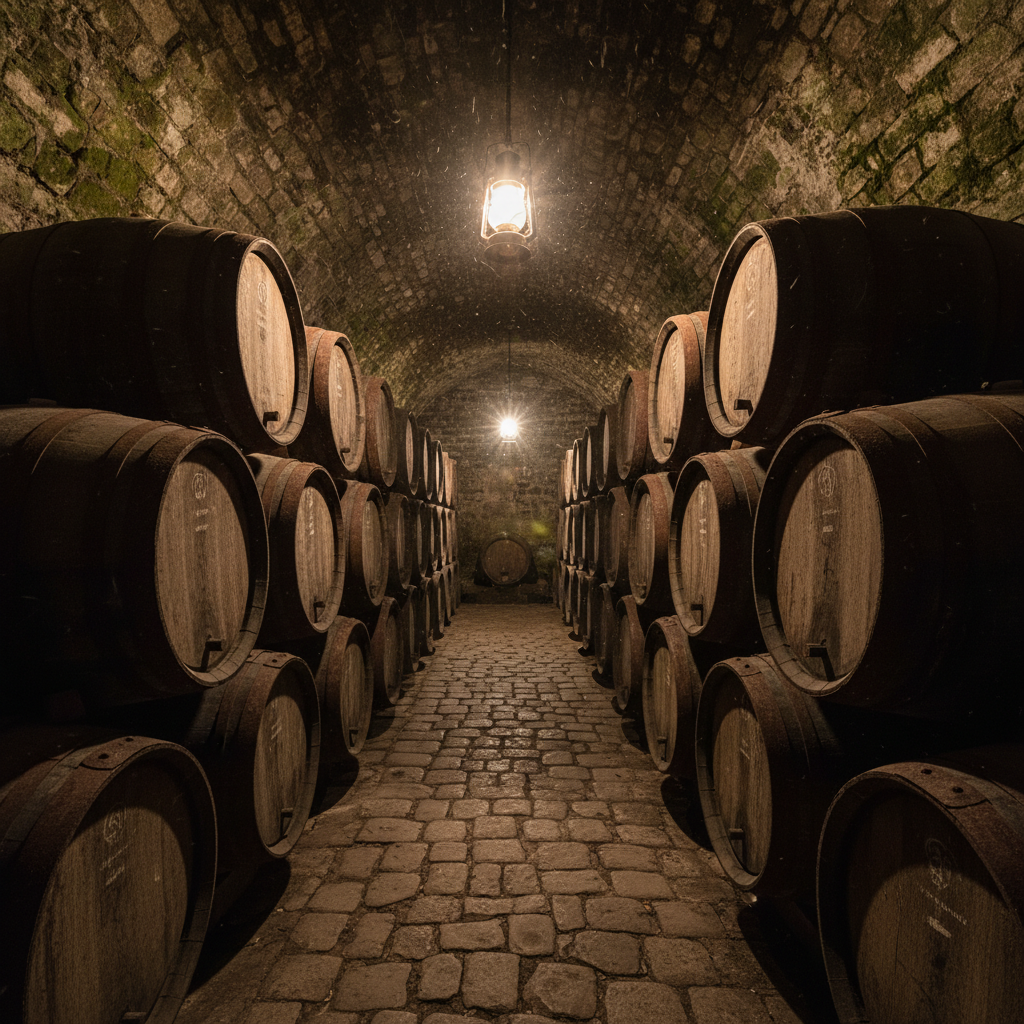 Rows of whiskey casks stacked in a dimly lit warehouse
