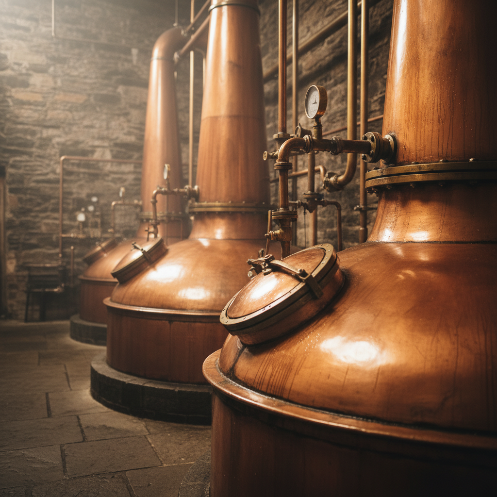 Copper pot stills in a working distillery, steam rising from the spirit safe