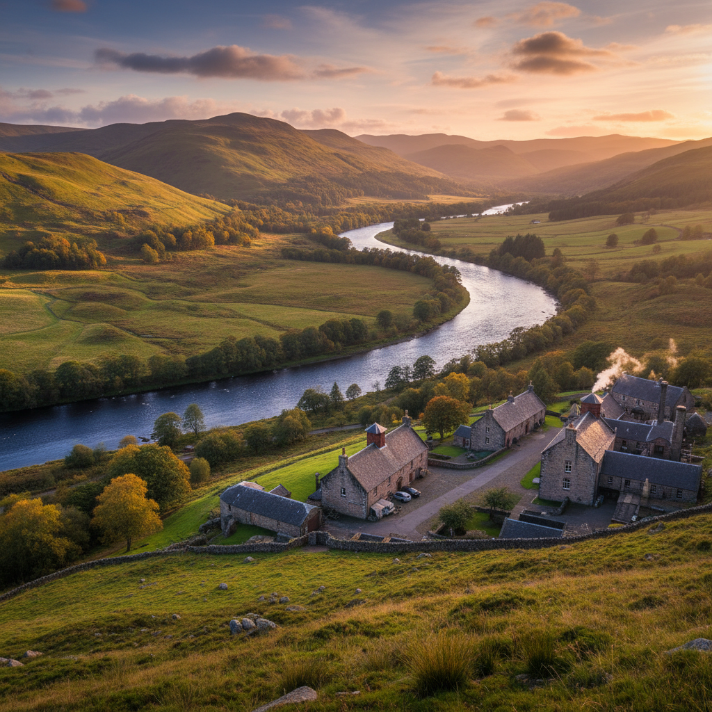 The River Spey winding through golden barley fields with pagoda rooftops rising from morning mist